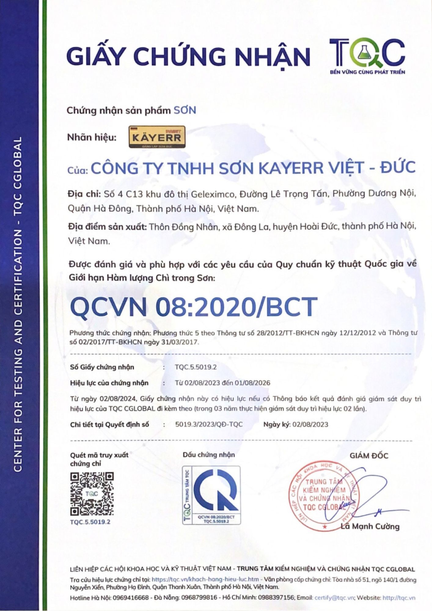 Chứng nhận hàm lượng chì: Công ty TNHH Sơn Kayerr Việt - Đức khẳng định chất lượng và  an toàn của sản phẩm sơn